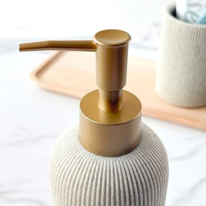 Sand Beige Hand Soap Dispenser with Matte Gold Pump, 7 oz | Luxury Farmhouse Boho Zen Style, Sandstone Finish, Lotion & Dish Soap Dispenser for Bathroom and Kitchen