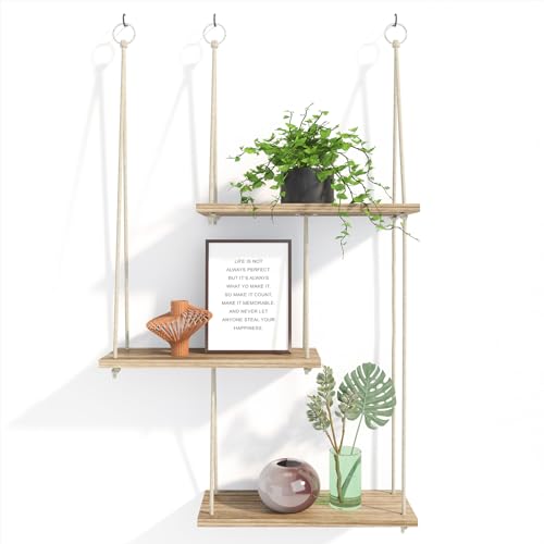 Hanging Plant Shelves for Wall, 3 Tier Boho Wall D... (3 Count | Rustic Brown | Wood)