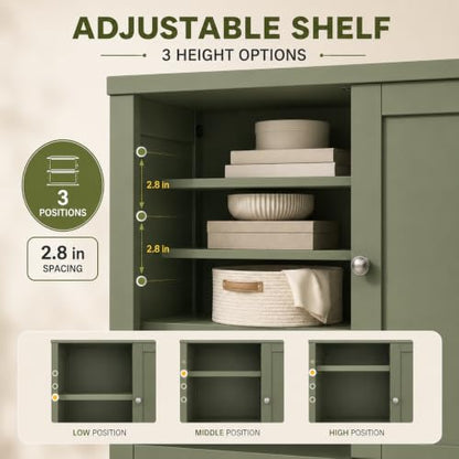 Nuturelly Bathroom Floor Storage Cabinet, 4 Doors, Anti-Tip, Pale Green | 23.7"D x 11.9"W x 42.6"H, Adjustable Shelves, Shaker style, 5-position Shelves, Rounded Corners, Easy Assembly