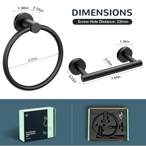 FORIOUS Toilet Paper Holder and Towel Ring Set, Bathroom Accessories Set | Matte Black | Double Post Pivoting Toilet Paper Holder Wall Mounted and Hand Towel Ring | SUS304 Stainless Steel | Round