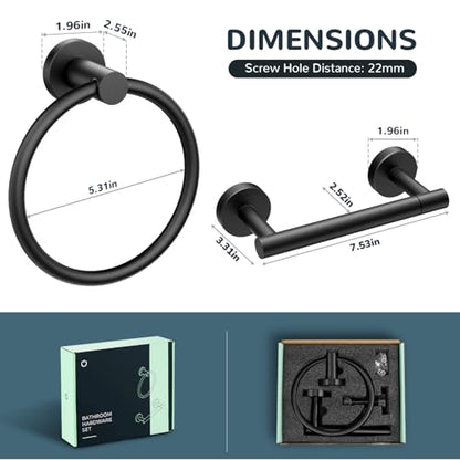 FORIOUS Toilet Paper Holder and Towel Ring Set, Bathroom Accessories Set | Matte Black | Double Post Pivoting Toilet Paper Holder Wall Mounted and Hand Towel Ring | SUS304 Stainless Steel | Round