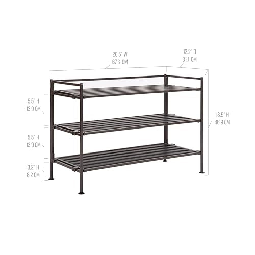 3-Tier Stackable 1" Slat Steel Frame Shoe Rack, 27.25"W x 12.75"D, Espresso | Interlocking modular design maximizes storage while the sturdy steel frame holds up to 12 pairs of shoes (Patented Design)