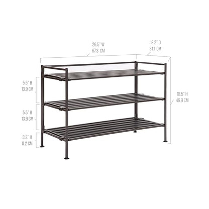 3-Tier Stackable 1" Slat Steel Frame Shoe Rack, 27.25"W x 12.75"D, Espresso | Interlocking modular design maximizes storage while the sturdy steel frame holds up to 12 pairs of shoes (Patented Design)