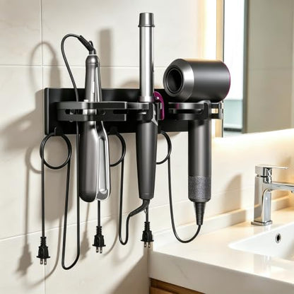 Hair Dryer Holder Wall Mount Metal Hot Tools Organizer Self Adhesive/Screw | 3 in 1 Hair Tool Organizer with Cord Organizer, Blow Dryer Holder with Curling Iron & Flat Iron Holder Matte Black