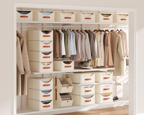 Stackable Storage Drawers - Collapsible Storage Bins with Drawers, 4 Pack Closet Shelf Organizer Basket, Fabric Pull Out Organizer for Bedroom, Living Room, Dorm, Beige