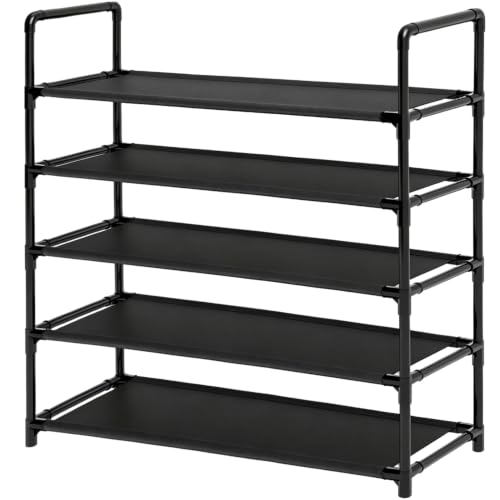 5 Tier Tall Shoe Rack Large Capacity, 34.5" Wide Entryway Shoe Organizer, Stackable Metal Frame Waterproof Nonwoven Shelves, Holds 20-25 Pairs, Space Saving Storage for Closet Hallway Garage, Black