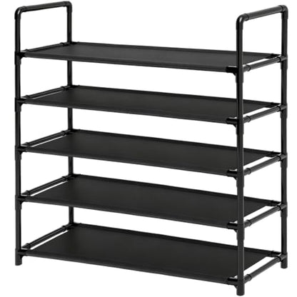 5 Tier Tall Shoe Rack Large Capacity, 34.5" Wide Entryway Shoe Organizer, Stackable Metal Frame Waterproof Nonwoven Shelves, Holds 20-25 Pairs, Space Saving Storage for Closet Hallway Garage, Black