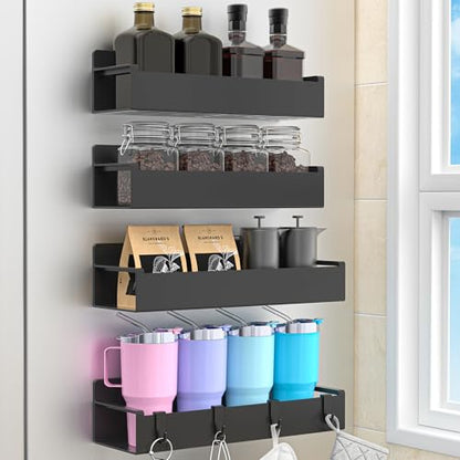 4 Pack Magnetic Spice Rack Organizer for Refrigerator and Oven, Black Fridge Organizers and Storage for Kitchen | Kitchen Magnetic Shelf for Fridge, Spice Organizer and Storage, Baby Bottle Holder for Fridge, Magnetic Tea Bag Organizer