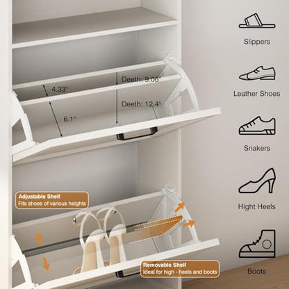 24" W Hidden Shoe Storage Cabinet with 2 Flip Drawers & Open Storage | Farmhouse Modern Shoes Rack Cabinet,Adjustable Shelves, Narrow Slim Shoes Organizer for Entryway,Foyer,Hallway,Antique White