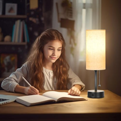 Bedside Table Lamp for Bedroom,Small Lamps for Night stands with Pull Chain | 3-Color Bedroom Table Lamps Desk Reading Light AC Outlet Nightstand Lamp for Living Room Decor/Dorm/Office Bulb Included