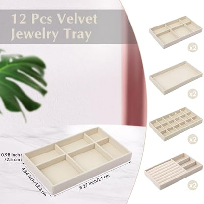 8 Pcs Small Velvet Jewelry Trays Stackable Drawers Organizer Inserts Divided Display Trays for Earring Ring Necklace, Beige