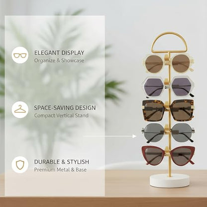 Sunglasses Stand for Countertop - Gold Eyeglass Holder, Vertical Sunglasses Organizer for 5 Pairs, Tabletop Eyewear Display for Bedroom Entryway Office (Gold, Wood Base - 1pc)