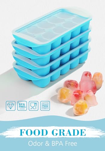 DOQAUS Ice Cube Tray with Lid and Bin, 4 Pack Ice Bucket Kits for RV | Stackable Silicone Ice Trays for Freezer, Easy Pop Out, BPA Free for Cocktail, Coffee, Soup, Food, Kitchen