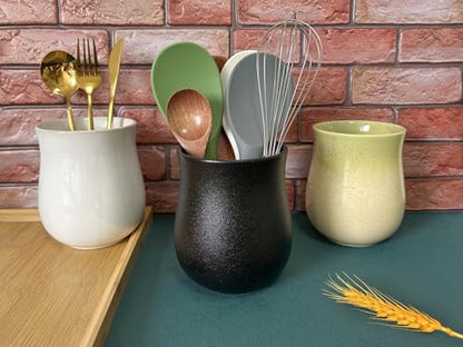 Short Kitchen Utensil Holder for Kitchen Counter,... (A, Matte Black | Porcelain)