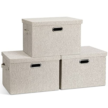Large Quart Collapsible Stackable Storage Bins wit... (Beige)