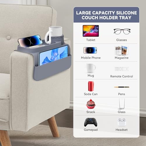 Couch Cup Holder Tray - Wide (6"+) ， Silicone Sofa Armrest Tray with Dual Pockets，Couch Arm Tray Anti-Slip Organizer for Drinks, Phone, Remote, Snacks | Heat Resistant for, Recliner, Car