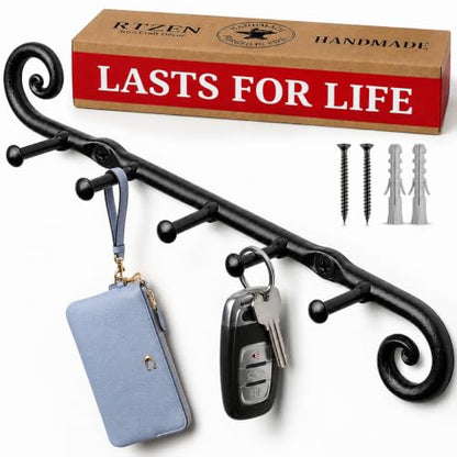 Farmhouse Small Key Holder for Wall, Wrought Iron Wall Mount Rack | Handcrafted Swirl Decorative, 5 Key Hooks for Home Entryway, Purse, Coat and Leash Holder or Organizer (Classic Black)