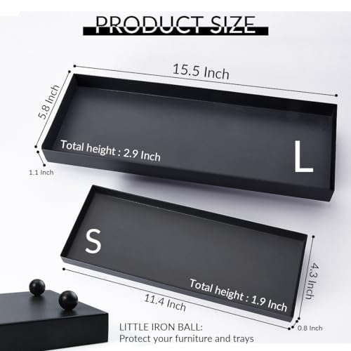15.7"x5.9" Matte Black Rectangular Metal Tray, Candle & Jewelry Organizer | Rust-Resistant Iron, Powder Coating, Smooth Polished Edges, Elevated Ball Feet, Industrial Modern, Coffee Table & Vanity