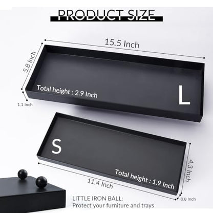 15.7"x5.9" Matte Black Rectangular Metal Tray, Candle & Jewelry Organizer | Rust-Resistant Iron, Powder Coating, Smooth Polished Edges, Elevated Ball Feet, Industrial Modern, Coffee Table & Vanity