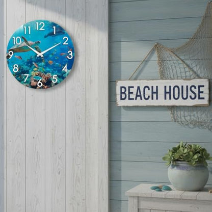 Crosstime 12 Inch Outdoor Clock – Waterproof Tempered Glass with Sea Turtle & Marine Life Theme, UV Resistant, Silent Nautical Coastal Decor Wall Clock for Patio, Pool, Garden, Backyard, Bathroom