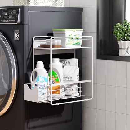 2 Tier Magnetic Shelves for Washing Machine with Pull Out Metal Drawer | Magnetic Spice Rack for Fridge,Magnetic Rack with no Installation,Versatile Storage Organizers for Home (White, 2 Tier)