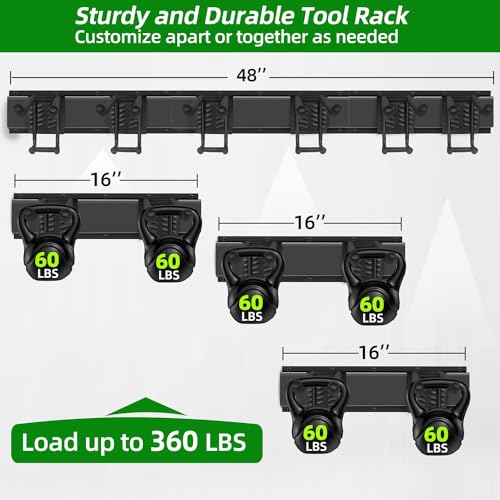 PIYILO 48 in Garage Tool Organizer Wall Mount, Adjustable Tool Storage Rack | Heavy-duty 360 LBS, Double-Layer Hooks, Wear & Tear Resistant, Soft Anti-Scratch Hook Sleeves, For Yard Tools, Shovels, Shed