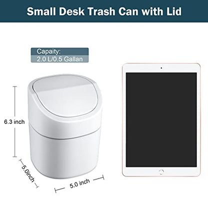 Mini Desk Trash Can with Swing Lid, 0.5gal, Includes 180 Bags, White | Compact 2L plastic bin with smooth edges and odor-covering swing lid, includes 180 fitted bags for desks and bedrooms
