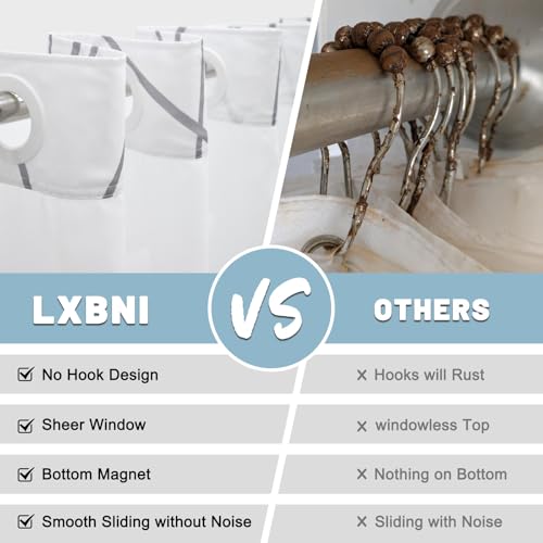No Hook Shower Curtain with Snap-in Liner, Gray White, 71 x 74 Inch | Stripe Pattern, Waterproof, Mesh Top Window, Bottom Magnets, Hotel Style, Machine Washable, Quick Dry, Modern, for Bathroom