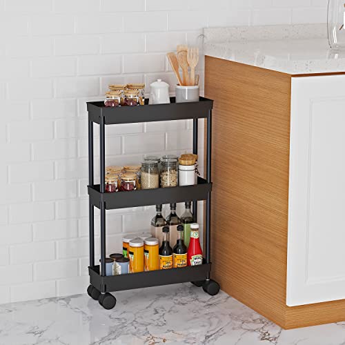 Sooyee 3 Tier Rolling Cart with Wheels, Black | Slim Storage Cart, Narrow Storage Cabinet, Under Desk Storage, For Office Bathroom Kitchen Laundry Room
