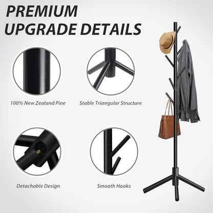Unisakey 8-Hook Freestanding Wooden Coat Rack 3 Adjustable Heights Black | Stable Triangular Base for Safety,Durable Construction,Simple Tool-Free Assembly,Ideal for Bedroom Hallway Office Entryway