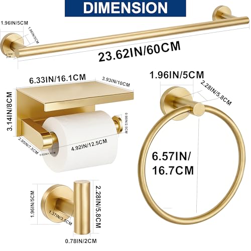5 Pieces Bathroom Hardware Accessories Set Brushed Gold, 24Inch Bathroom Towel Rack Set SUS304 Stainless Steel, Round Toilet Paper Holder with Shelf Heavy Duty, Wall Mounted