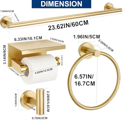 5 Pieces Bathroom Hardware Accessories Set Brushed Gold, 24Inch Bathroom Towel Rack Set SUS304 Stainless Steel, Round Toilet Paper Holder with Shelf Heavy Duty, Wall Mounted