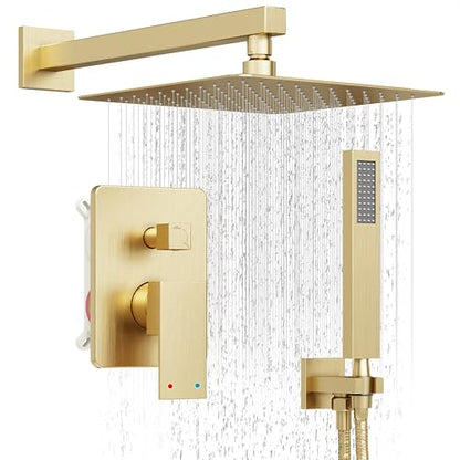 10" Rain Gold Shower System with Handheld & Valve, Brushed Gold | Wall-Mounted High-Pressure Shower Faucet Combo Set, 10-Inch Rain Shower Head with Handheld Spray,Includes Valve and Trim Kit