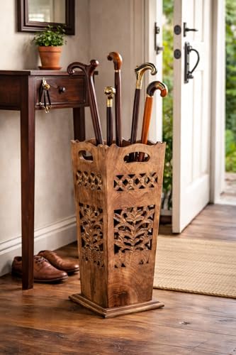 Antique Wooden Umbrella Stand & Walking Cane Holder for Home, Office & Entryway | Hand-Carved Solid Wood Umbrella & Cane Storage Rack | Size 21.5 x 8 x 8 in, Base 7.5 x 7.5 inches (Paisley)