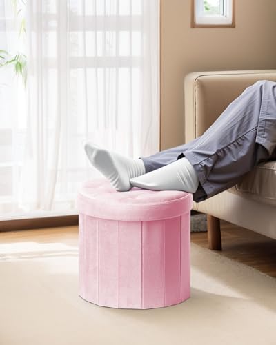 Bsketa Round Storage Ottoman, 14" Folding Velvet Foot Stool Rest,Pink | Foot Stool with Thicker Foam Padded Seat Small Velvet,Livingroom, Dorm, Bedroom, Easy to install,14 x 14 x 13in