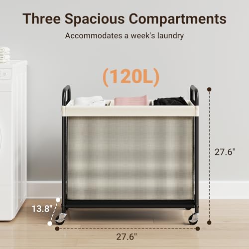 Laundry Hamper 3 Section, 120L Rolling Laundry Sorter with Wheels | Removable Washable Liner Bags, Sturdy Steel Frame and Metal Handle, 3 Compartment Clothes Organizer for Laundry Sorting