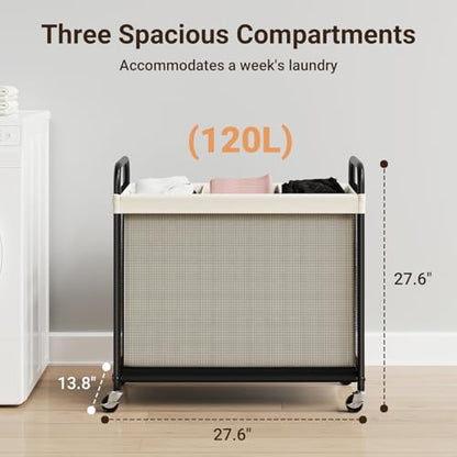 Laundry Hamper 3 Section, 120L Rolling Laundry Sorter with Wheels | Removable Washable Liner Bags, Sturdy Steel Frame and Metal Handle, 3 Compartment Clothes Organizer for Laundry Sorting