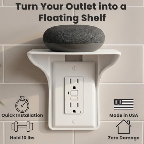 Power Perch Outlet Shelf for Alexa, HomePod Mini, Made in USA, White 1 Pack | Outlet Wall Mount with Cord Storage Strap, Charging Station, WiFi Router Shelf for Bathroom, Bedroom, Kitchen, Holds 10 lb