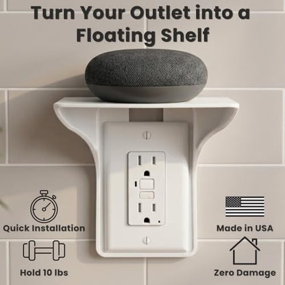 Power Perch Outlet Shelf for Alexa, HomePod Mini, Made in USA, White 1 Pack | Outlet Wall Mount with Cord Storage Strap, Charging Station, WiFi Router Shelf for Bathroom, Bedroom, Kitchen, Holds 10 lb