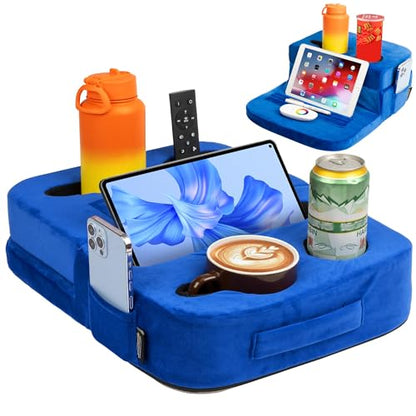 Couch Cup Holder Tray Pillow - Bed, Couch Caddy, Sofa, RV & Car - Holds Drinks, Snacks, Remotes, Phones, Kindle, Tablet | Bed Cup Holder (Blue)