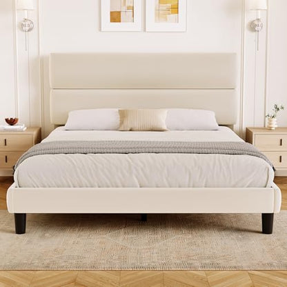 Queen Size Platform Bed Frame with Velvet Headboard, Adjustable Height Wooden Slats Support, Upholstered Mattress Foundation, Fits Mattress or Mattress with Box Spring, Easy Assembly, Beige