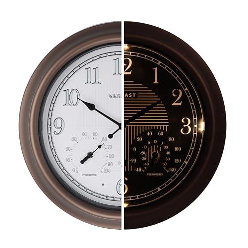 18" Illuminated Outdoor Atomic Analog Clocks Waterproof,IP65 Rating | Auto DST Adjust, Built In Adjustable Thermometer & Hygrometer, Bronze, Accurate & Easy to Read for Patio,Pool & Garden