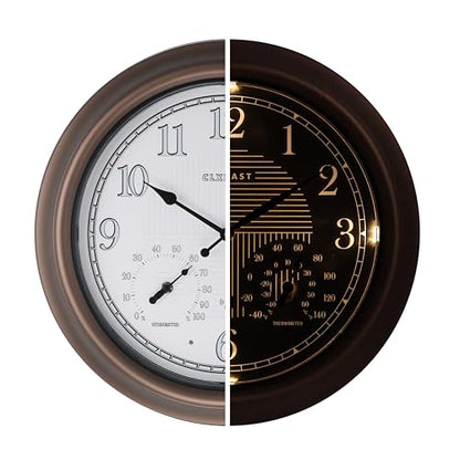 18" Illuminated Outdoor Atomic Analog Clocks Waterproof,IP65 Rating | Auto DST Adjust, Built In Adjustable Thermometer & Hygrometer, Bronze, Accurate & Easy to Read for Patio,Pool & Garden