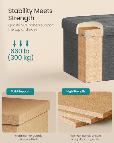 SONGMICS MAZIE Collection - 43 Inches Folding Storage Ottoman Bench, Ottoman Foot Rest, End of Bed Bench, Storage Chest, Load 660 lb, for Living Room, Bedroom, Entryway, Dark Gray ULSF77K