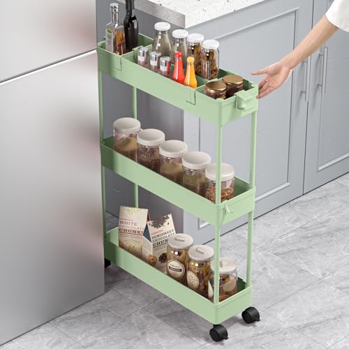 Slim Storage Cart 3 Tier,Bathroom Organizer Rollin... (Green | Plastic)