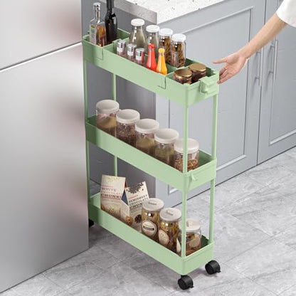 Slim Storage Cart 3 Tier,Bathroom Organizer Rollin... (Green | Plastic)
