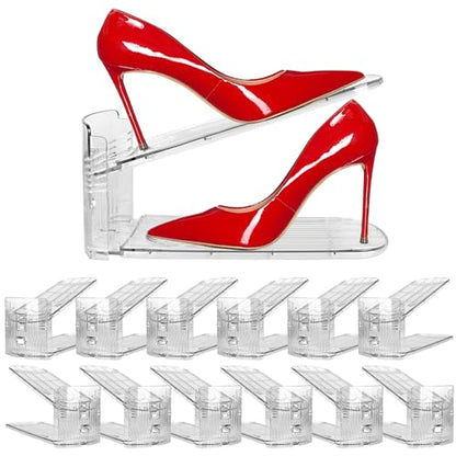 NVGSN 12Pack Clear Shoe Slot Organizer,Shoe Stacker,Storage Space Saver 50% | 3 Levels Adjustable Height 3.7''-7.7''shoe Organizer for Closet,Easy to Assemble shoe Rack Holder,Organizador de Zapatos