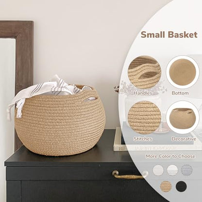 Goodpick Round Small Wicker Storage Basket for Shelves, 10" x 8.3", Jute | Woven Baby Basket with Handles，Decorative Gift Basket, Fits Living Room Nursery Toys & Towels Storage, Plant Baskets Indoor
