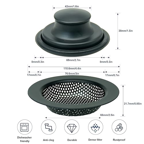RQYEKDO 4.5" Stainless Sink Strainer Black Food Catcher Drain Plug | Wide anti-rust flared rim, matte dark coating, smooth holes speed drainage, block clogs, easy lift for quick cleaning