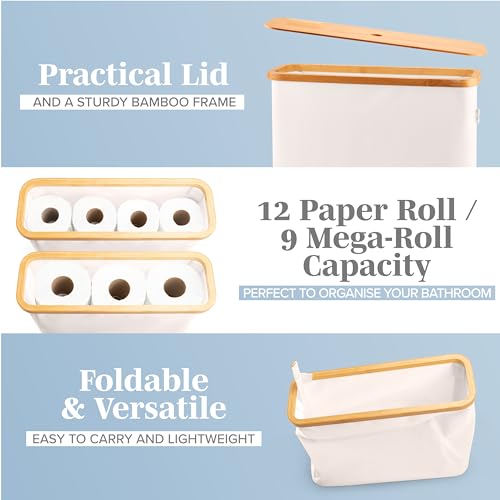 LONBET Toilet Paper Storage for 12 Rolls, Stackable & Foldable - The Ultimate Bathroom Organizer - Waterproof Basket with Bamboo Lid - Elegant Toilet Paper Storage Holder, Beige